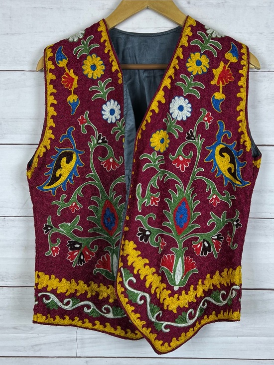 Vintage Jackets & Blazers - Vintage Uzbek Textile Embroidered Vest Med Black Suzani Ottoman Tulip Boho XL/2X